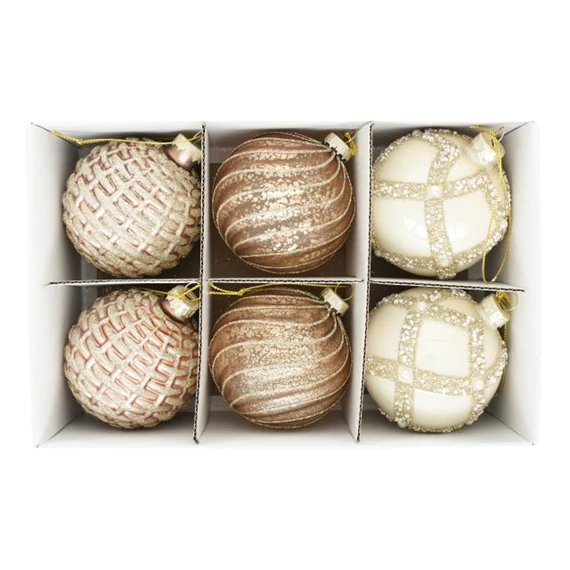 Gömb dombor mintával, glitter dekorral, akasztós 8 cm S/6