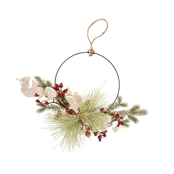 Karika fenyővel, bogyós, eukaliptusszal, glitteres, akasztós 40 cm