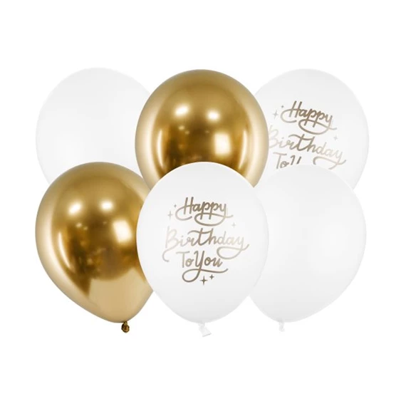 Lufi "Happy Birthday" műanyag 30 cm fehér,arany S/6