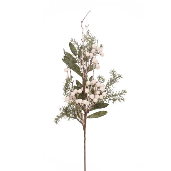 Selyemvirág bogyós ág levéllel, glitteres 60 cm